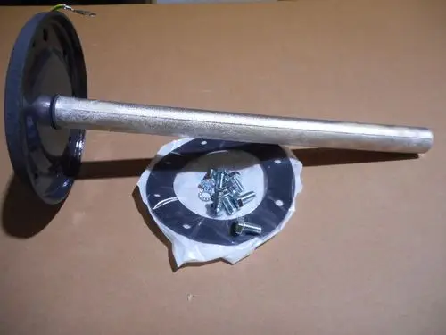 Remeha-Komponente: ein länglicher metallischer Stab mit einer runden Basis, darauf eine Dichtung und mehrere Schrauben verpackt in einer durchsichtigen Tüte.